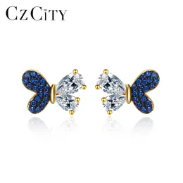 Stud CZCITY Sapphire Blue Cubic Zirconia 925 Sterling Silver Butterfly Earrings Gold Plated Unusual Luxury Party Fine Jewelry 230807