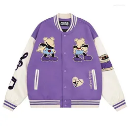 Męskie futra sztuczne futra kurtki męskie kurtki baseballowe Hip Hop Baseball Kurtka mężczyzn Mężczyzn Retro Flocking Cartoon Note Varsity Women Autumn Harajuku patchwork para