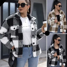 2022 Otoño Invierno mujer abrigo de lana a cuadros Chaqueta corta Casual suelta chaqueta de felpa manga larga bolsillo botón abrigo de piel T230808