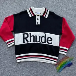 Herrtröjor Red Rhude tröja män Kvinnor Toppversion Knitting Stand Collar Sweatshirts 230807