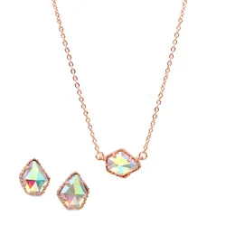 Bröllopsmycken set Rainbow AB Color Glass Pentagon Claw Gem Stone Geometric Stud örhängen Halsband Juvelt Set för kvinnor 230808