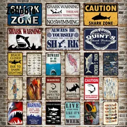 Custom Beware of Shark Metal Sign Shark Warning Caution Shark Zone Metal Poster Vintage Decorative Tin Sign Plate Plaque Aquarium Home Wall Decor 30X20CM w01
