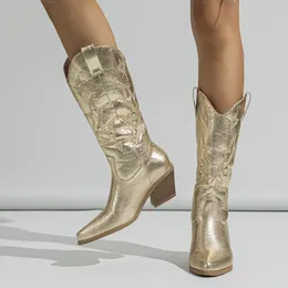 Embroidered Fashion 782 Liyke Western Cowboy Boots for Women Leather Golden Sier Pointed Toe Low Hoof Heels Slip on Mid-calf Shoes 230807