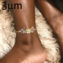 Anklets 힙합 편지 발목 이름 개인화 된 커스텀 여름 골드 실버 더블 컬러 명판 펜던트 피가로 체인 230807