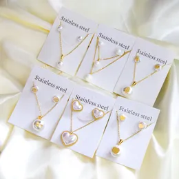 Wedding Jewelry Sets Korean Fashion Stainless Steel Earring Pendant Necklace Set Pearl Cubic Zirconia for Women Wholesale 230808