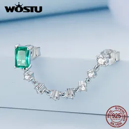 Stud Wostu 925 Sterling Silver 1 Piece Chain Earrings Green Rectangular Zircon Double Hole Ear For Wowem Gift Fine Jewelry 230807