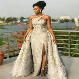 ASO ebi Style Mermaid Prom Party Vresses Overkirt Train 2021 One One -Counter Silver Lace Plus Size Sipperal Evening Occounts VES2314