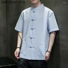 Men's Casual Shirts 2023 Chinese Style Large Yards Short-sleeved Shirt Clothing Summer Cotton And Linen Striped Vintage