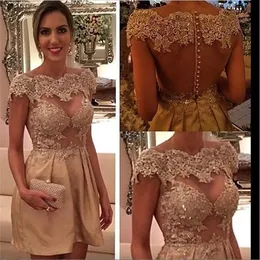 Through Gold See Homecoming Applique Tulle Tail Dress Illusion Button Lace Graduation Short Prom Dresses Robe De Soiree es