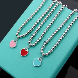 Womens Single heart round bead chain Necklace Designer Jewelry blue/pink/red With Drip oil Necklace Complete Brand as Wedding Christmas Gift Tiffanyism