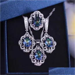 Ohrringe Halskette Set Dubai Luxus-Stil Regenbogen Cz 925 Silber Schmuck Ring für Frauen Der Wunsch Geschenk Ihre Liebe Fast Ship Drop Dhgarden Dhvqt
