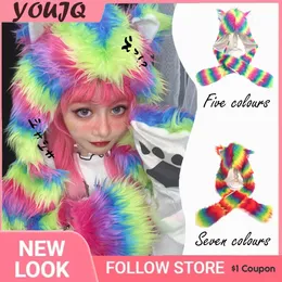 قبعة جمجمة القبعة y2k الألفية التعادل اليابانية harajuku rainbow fur faux cat ear وشاح قفازات chapeus feminino gorros invierno 230808