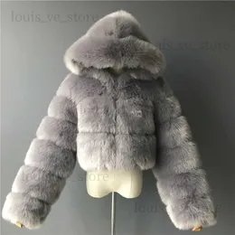 Furry Croped Faux Pälsrockar Jackor Kvinnor Fluffy Top Coat Hooded Winter Fur Jacket Yingjiamei T230808