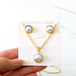 Bröllopsmycken sätter Luxukisskids Half Imitation Pearl Stainless Steel Halsbandörhängen Set Goldsilver Color for Woman Jewellry Accessories 230808