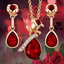 Zestawy biżuterii ślubnej luksusowy moda Ruby Rose Flower and Droplet kształt wisiorek Naszyjnik Zestaw dla kobiet prezent rocznicowy 230808