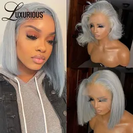 Human Chignons LUXURIOUS Sliver Grey Short Bob Hair Wigs For Women 13x4 Transparent Lace Frontal Wig Straight Brazilian Remy 230807