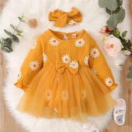Girl s Dresses born Baby Girl Romper Dress Long Sleeve Flowers Print Tulle Bodysuit Yellow Spring Autumn with Headband Clothes 230808