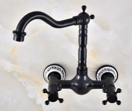 Mutfak muslukları siyah yağ ovulmuş bronz seramik taban monte banyo lavabo musluk döner spout mikser musluk çift çapraz kollar ANF851