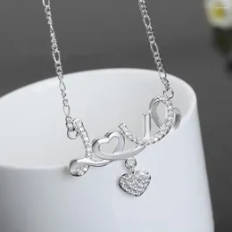 Chains 925 Sterling Silver Star Fashion Simple Heart Necklace LOVE Inlaid Zircon Clavicle Chain 18 Inch Women's Party Jewelry