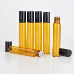 Üst düzey Parfüm Şişeleri Doldurulabilir Amber 10ml Rulo Koku Cam Şişeler Esansiyel Yağ Şişesi Çelik Metal Roller Top