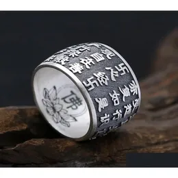 Anéis de banda 999 Sterling Sier Budista Heart Sutra Ring For Men Women Buddha Vintage Jewelry2155506 Drop Delivery Jewelry Dhtlm