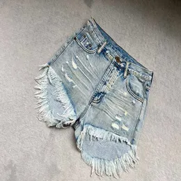 Modaya uygun çay kaşığı kadınlar yaz yıkamış açık mavi delikli yüksek belli gevşek denim şort