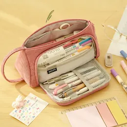 Pennväskor Angoo Corduroy Pen Bag Case Light Color Multi Slot Easy Handle Storage Pouch Organizer för Stationery School Travel A6443 230807