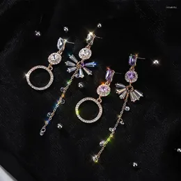 Baumelnde Ohrringe, elegant, lila, weißer Kristall, lange Quaste für Damen, Schmuck, asymmetrisch, Strass, Pendientes 2023