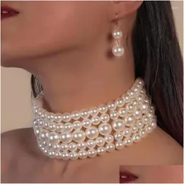 Kolczyki Zestaw Naszyjka Faux Pearl Choker i Dangle Mti-warayer Kobiet Biżuteria Elegancka kołnierz Zestawy dostarczania Dhgarden Dhnjk