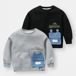 Hoodies Sweatshirts 2023 Spring Autumn Fashion 2 3 4 5 6 7 8 10 Years Children Black Grey Denim Pocket Color Patchwork Sweatshirt For Kids Baby Boy 230807