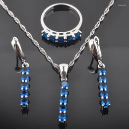 Necklace Earrings Set FAHOYO 2023 Band Blue Zirconia Women's Silver Color Earrings/Pendant/Necklace/Rings QZ0405