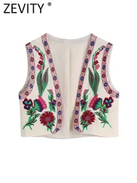 Women's Vests Zevity Women Vintage Position Floral Embroidery Short Vest Jacket Ladies National Style Patchwork Casual WaistCoat Tops CT1395 230808
