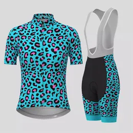 Cykeltröja sätter 2023 Summer Blue Leopard Print Women s kit andningsbar snabb torr kvinnlig set korta ärmar 230807