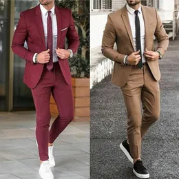 Burgundy Men Wedding 2021 Slim Fit Groom Groom Tuxedos Prom Party Dinner Business Suit Blazers Jacket Pants Tie177K