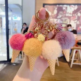 Plush Keychains Cute Plush Ice Cream Keychain With Tassel Backpack Charm Decoration Fluffy Pom Keyring For Women Girls Or Kids Xmas Gifts 230807
