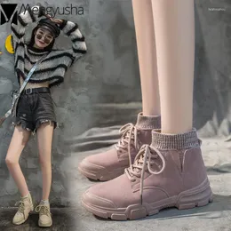 Boots Student Riding Botines Plush Winter Socks Shoes Woman Wool Suede Lace-up Snow Flat Heels Solid Platform Ankle Booties Pink