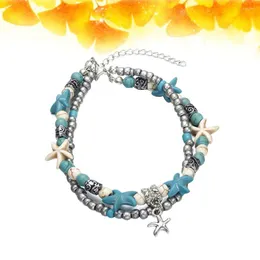 Anklets Women Beach Style Pendant Bracelets Vintage Double Layers Anklet Beaded Adjustable Ankle Bracelet Sandal With