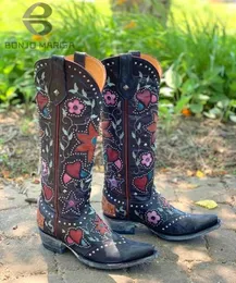 Cowgirls Cowboy Heart 52 Floral Mid Calf Stapled Heeled Women Embroidery Work Ridding Western Boots Shoes Big Size 230807