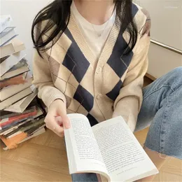 Kadın Sweaters Sıradan Renk Blavatıcı Sweater hırka Sonbahar Kış V-yaka eşkenar dörtgen basılı ceket gevşek All-Match yün örgü ceket kadınlar