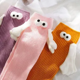 Women Socks 6colors Magnetic Suction 3D Doll Couple Cartoon Lovely Cotton Funny Hands Black White Eyes Couples Sox