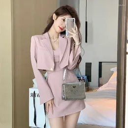 Arbeitskleider WDMSNA Herbst Rosa Zweiteiliges Kleid Set Frauen Blazer Mantel Strap Weibliche Casual Koreanische Mode Schlank Eleganten Anzug