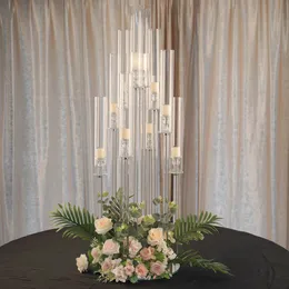 só pode usar vela led)Clara de cristal transparente de 10 braços candelabro redondo cônico castiçal para pilar votivo ou velas led com peças centrais de suporte de flor transparente 902