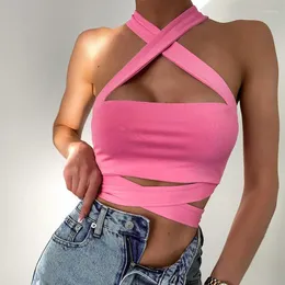 Tanques femininos Roupas estilo EUA 2023 Moda Primavera Moda Cabecinha Openwork Decote Aberto Alça Traseira Fina Colete Pequeno Atacado