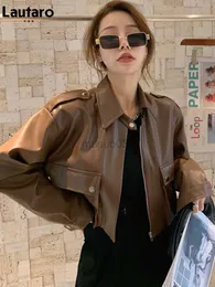 Women's Leather Faux Leather Lautaro Spring Short Brown Casual Faux Leather Jackets for Women Drop Shoulder Long Sleeve Pockets Zipper Cool Corp Top 2022 HKD230808
