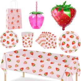 Andra evenemangsfestleveranser Strawberry Paper Plate Servete Disponibla bordsartiklar Candy Bag Foil Balloon Wedding Kid Grils Birthday Decor 230808