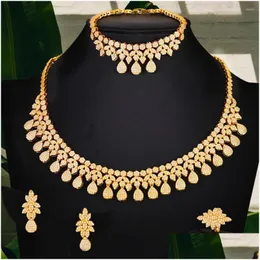 Örhängen halsband Set Godki Fashion 4st Luxury Geometric Dubai Gold Color Jewelry for Women Cubic Zircon CZ African Brida Dhgarden DH5CP