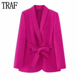 بدلات النساء بليزرز Traf Fuchsia Tuxedo Blazer Woman Belt Button Stacke Women Long Sleeve Straight Blazers for Women Streetwear Long Blazer Women 230807