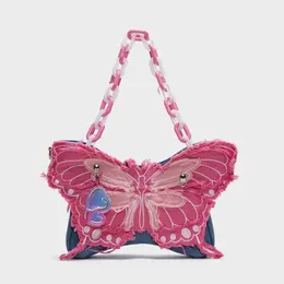 Bolsos de hombro Vaquero Mariposa Contraste de color Bolso para el dolor Cadena de acrílico Solo Crossbody Anormal Dopamina Axila