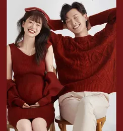 Maternity Dresses Couple Photo Maternity Dresses for Photo Shoot Knitting Cotton Pregnancy Dress Red New Year Women's Pregnant Clothing with Coat HKD230808