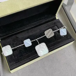 Women Classic 925 Silver Bracelet Luxury Clover Square Pendant Irregular Chain Bracelet Stylish Simple Silver Bracelet with Box